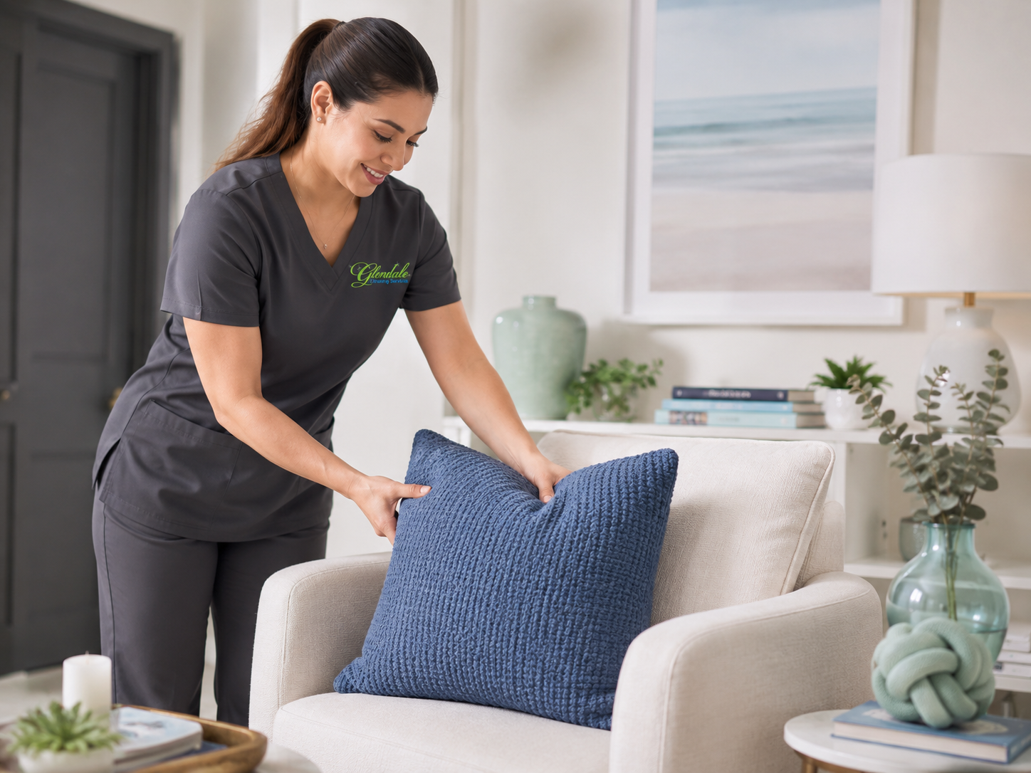 Cleaner fluffing pillows in living room