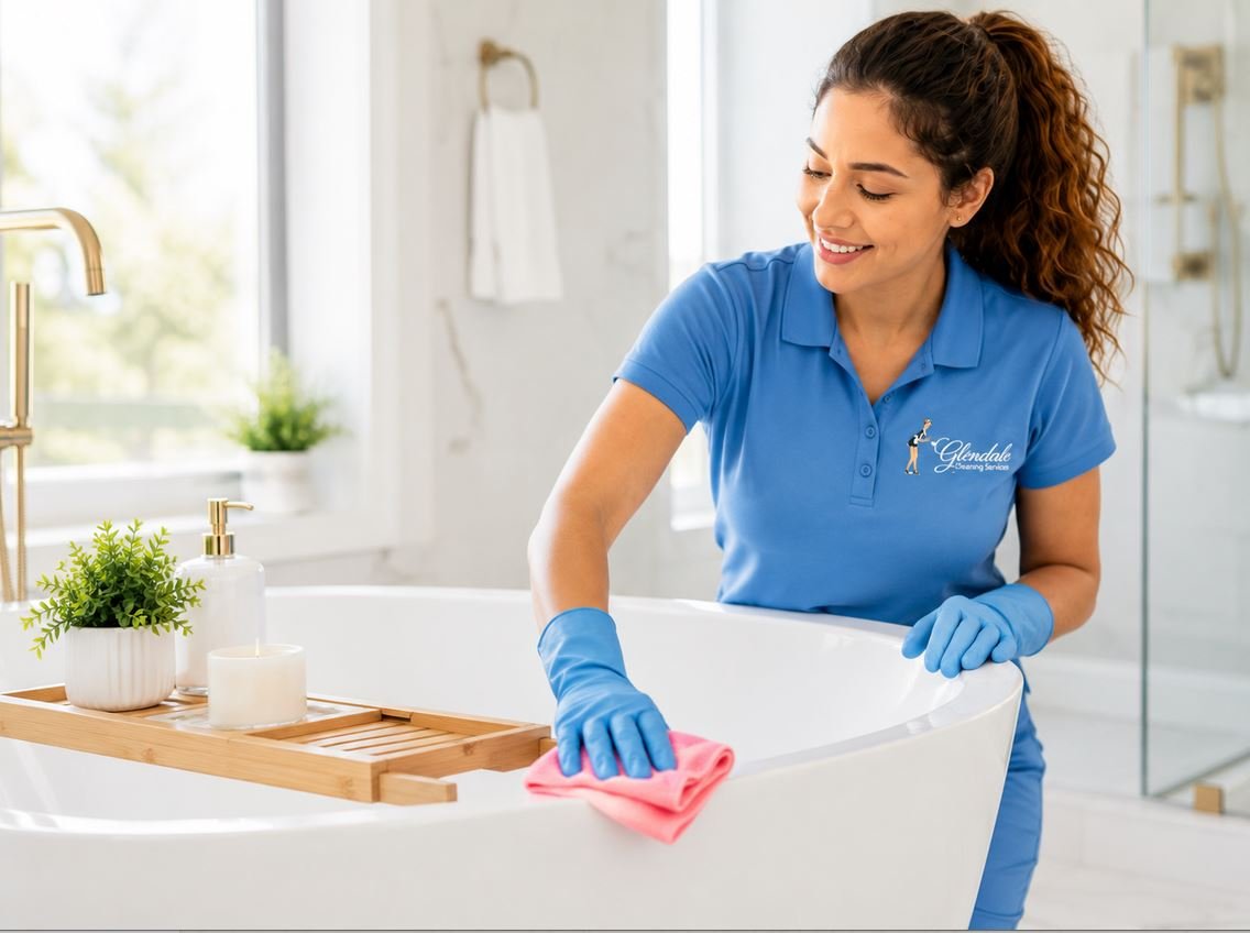 Bathroom cleaning, scrubbing a tub in Glendale, CA